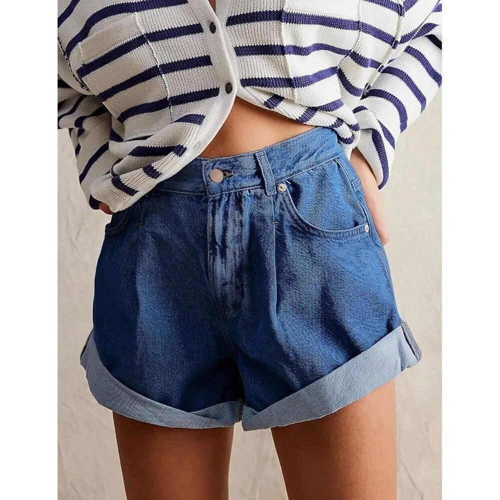Womens Jean Shorts Stretch Denim High Rise Pockets Relaxed Fit